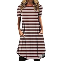 Women's Fashionable Casual Striped Printed Round Neck Pullover Loose Boho Dress 2024 Trendy Beach Sundress