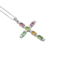 925 Sterling Silver Natural Multi Tourmaline 6X4 MM Oval Gemstone Holy Cross Pendant Necklace October Birthstone Tourmaline Jewelry Engagement Gift For Her