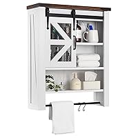 Bathroom Organizer Cabinet, Over The Toilet Bathroom Cabinet with Towels Bar & Hooks, 3-Tier Over Toilet Cabinet with Sliding Barn Door for Bathroom Laundry Kitchen, Wall Mounted