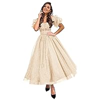Basgute Women's Glitter Tulle Prom Dresses Tea Length Puffy Sleeve Off Shoulder Corset Formal Evening Party Ball Gowns