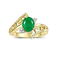Greek Key Designer Ring with 9X7MM Gemstone & Diamond Accent – Chic Jewelry for Women and Girls in Yellow Gold Plated Silver – Available in Sizes 5-10
