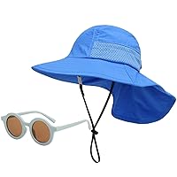 Baby Sun Hat with Sunglasses Boys Girls Wide Brim Neck Flap Beach Hat Summer UPF 50+ Protection Caps for Kids 6M-6T