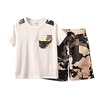 PATPAT Boy's 2 Piece Outfits Cotton Bear Print Short-sleeve Tee and Pocket Design Shorts Set