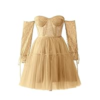 Maxianever Corset Prom Dresses Women’s Plus Size Short Tulle Homecoming Dresses with Sleeves Lace Off Shoulder Gold US26W