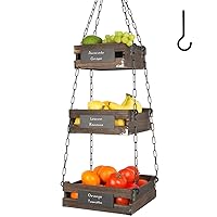 J JACKCUBE DESIGN 3-Tier Rustic Wood Hanging Fruit Basket, Kitchen Fruit, Vegetable Storage Organizer, Countertop Space Saver- Heavy Duty Metal Hooks- MK1008A