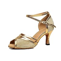 TDA Women's Comfort Flared Heel Peep Toe Glitter Tango Salsa Social Ballroom Modern Latin Dance Shoes