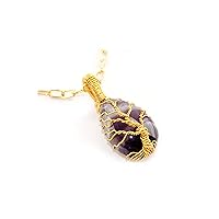 Amethyst Gemstone Necklace, Tree of Life Pendant, Bohemian Pendant Jewelry, Brass Wire Wrapped Necklace