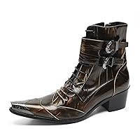 Cowboy Boots for Men Casual Party Dress Genuine Leather Metal Tip Toe Motorcycle Boots Fashion Buckle Zipper Hight Top Western Chelsea Boots for Men