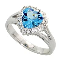 Sterling Silver Blue Topaz Cubic Zirconia Ring Heart Shape Rhodium Finish, Sizes 5-9