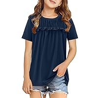 Girls Shirts Casual Short Sleeve Tops Round Neck Ruffle Flowy Tunic Blouses 5-14 Years