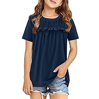 storeofbaby Girls Shirts Casual Short Sleeve Tops Round Neck Ruffle Flowy Tunic Blouses 5-14 Years