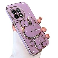 for Oneplus 12R Case Cute Hidden Rabbit Mirror Stand,Oneplus 12R Phone Case Kawaii Cartoon Plating Glitter Soft Silione Bumper Folding Bracket Girly Cover for One Plus 12 R for Girls Women Purple
