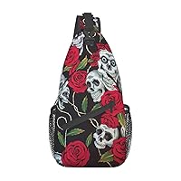 Sling Backpack,Travel Hiking Daypack Rose Skull Eyes Print Rope Crossbody Shoulder Bag