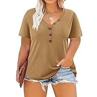 RITERA Plus Size Tops Short Sleeve Casual Sexy Shirt Button Tops Basic Solid Loose Fit Blouses Henley Tunic Camel 5XL