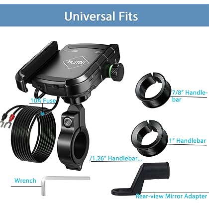 iMESTOU Motorcycle Phone Mount USB Charger Handlebar/Rear-View Mirror Cellphone Holder Aluminum with 17mm Ball Base Works with 12V/24V Motorcycles Quick Charge for 4.0-6.8 Inch Smartphones (USB Type)