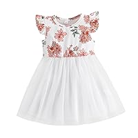 Toddler Girls Fly Sleeve Floral Prints Tulle Princess Dress Dance Party Dresses Clothes Long Sleeve Knitted Dress
