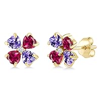 Gem Stone King 18K Yellow Gold Plated Silver Blue Tanzanite and Red Created Ruby Earrings For Women | 2.15 Cttw | Gemstone December Birthstone | Heart Shape 4MM