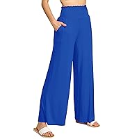 Made By Johnny Women's Elastic High Waisted Palazzo Pants Casual Wide Leg Long Lounge Pant Trousers with Pocket