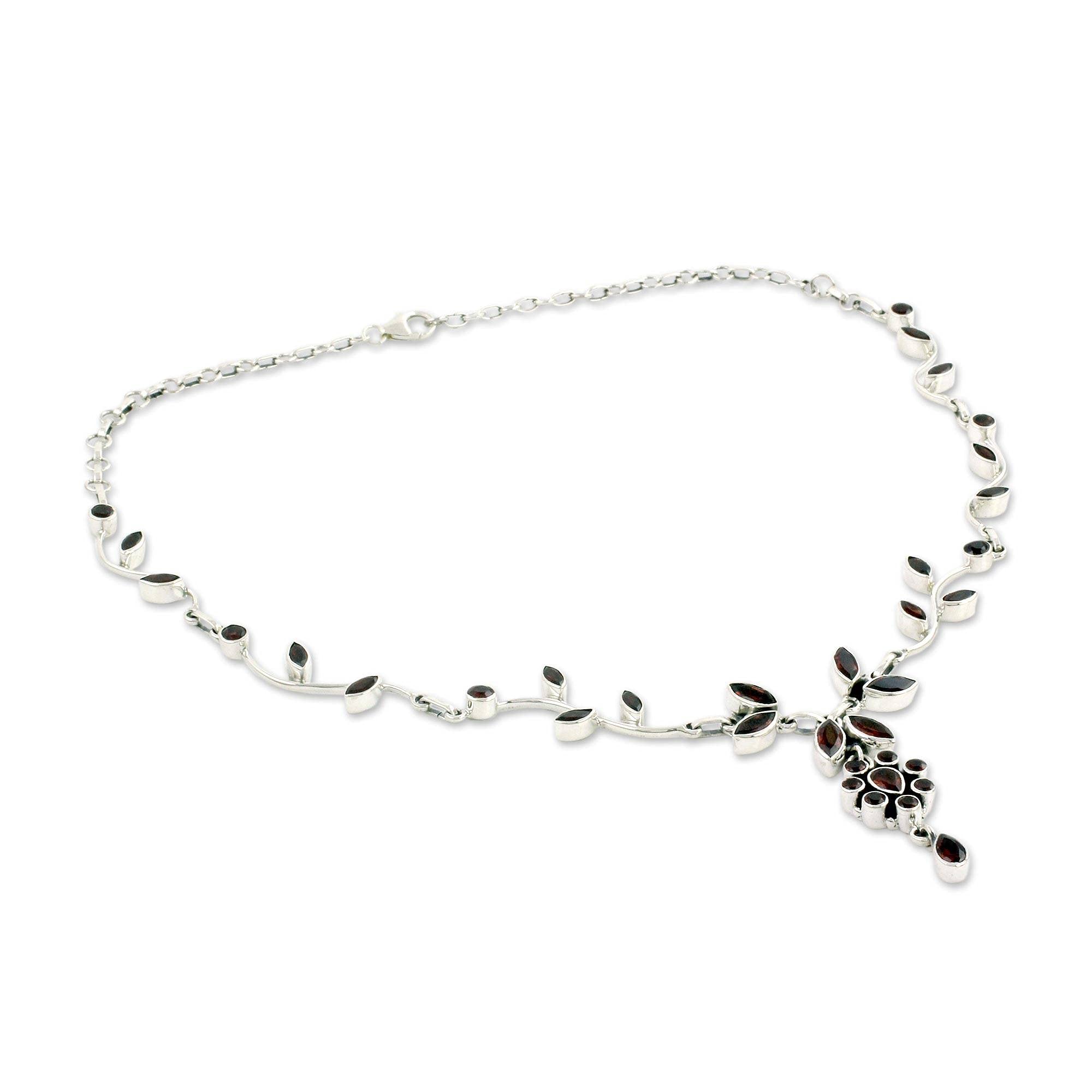 NOVICA Garnet .925 Sterling Silver Flower Pendant Necklace, 14.25