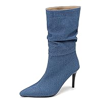 Denim Slip On Stiletto Heels Pointed Toe Women's Mid Calf Boots Cute Vintage Casual Cowgirl Booties