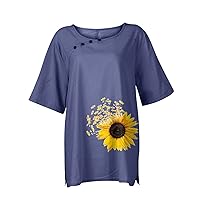 Shirt for Women Casual Short Sleeve Crewneck Print Blouse with Button Cotton Linen Oversized Summer T Shirt Tops