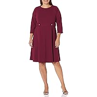 London Times Women's Crepe Fit and Flare Midi with Waist Button Detail