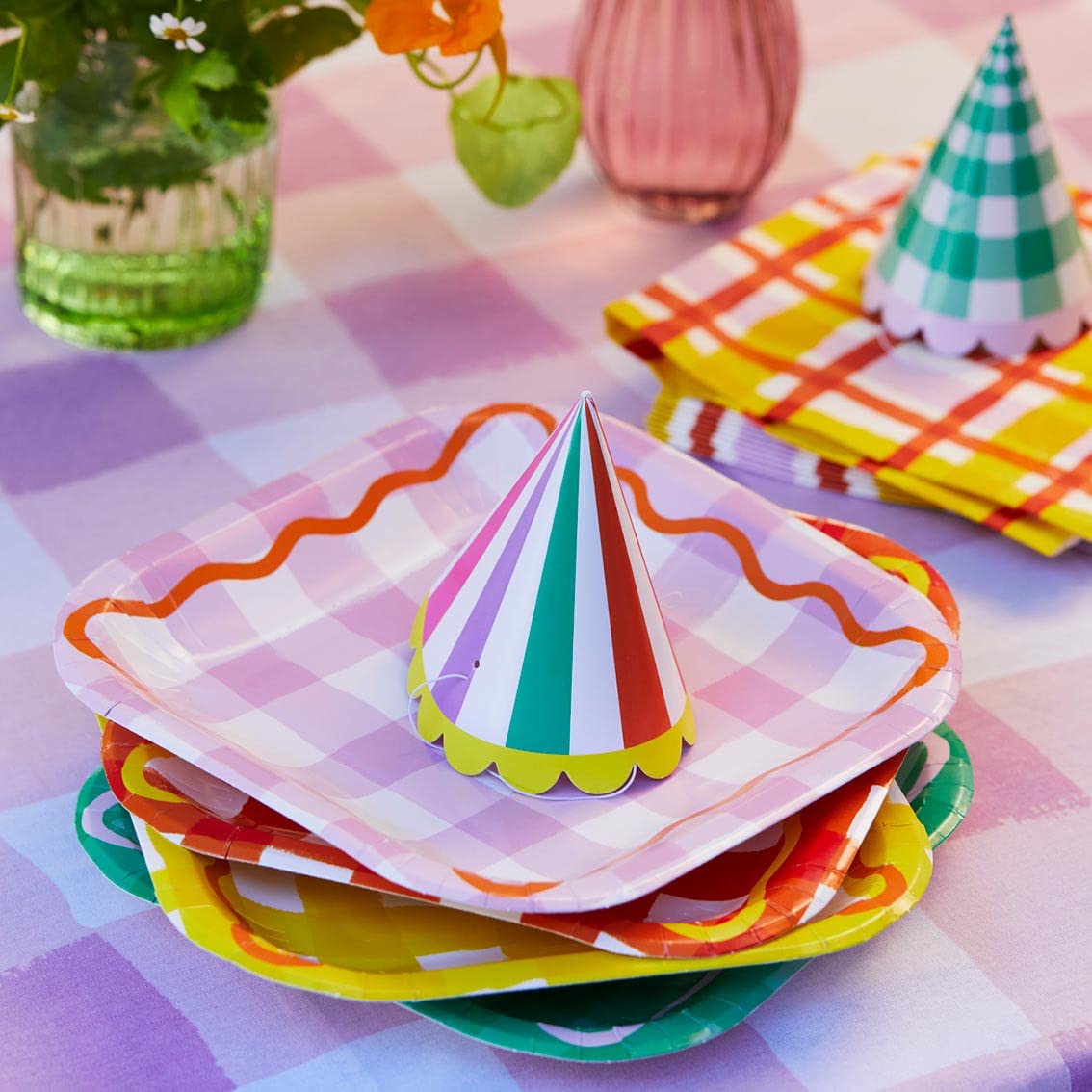 Talking Tables Gingham Square Disposable Strong Party Plates Colourful Paper Tableware for Easter, Birthday Party Food, Picnic, Summer Orange, Yellow, Green and Lilax, 7', 12 Pack