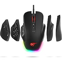 Havit Gaming Mouse Computer Ergonomic Wired Mice with 14 Programmable Buttons Interchangeable Side Plates (8 Buttons/ 8+6 Side Buttons), 2 Replaceable Right Plates for Laptop PC Gamer