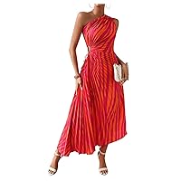 MakeMeChic Women's Casual Striped Cut Out One Shoulder Sleeveless High Waist Summer A Line Maxi Dresses