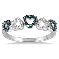 0.03 CTTW 925 Sterling Silver White & Blue Diamond Heart Band, Stackable Rings For Women