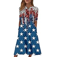 American Flag Dress Women 4th of July Patriotic Shirt USA Stars Stripes Dresses Button V Neck Pleated Maxi Dress