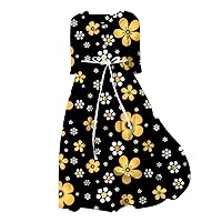Floral Dress,Women Korean Style Dresses Lace Up Waist Defined Shirt Midi Dress Summer Half Sleeve Trendy A Lin