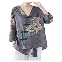 SCOFEEL Women's Cotton Linen Shirt 3/4 Sleeve Chinese Frog Button Embroidery Blouse Shirt Tops