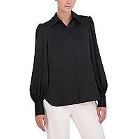 BCBGMAXAZRIA Women's Collar Neck Long Balloon Sleeve Satin Shirt