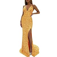 Sequin Prom Dresses Long Mermaid V Neck with Slit Cross Back Formal Evening Gowns for Wedding Party Homecoming Dresses