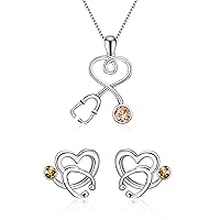 AOBOCO Sterling Silver Stethoscope Jewelry Nurse Necklace and Earrings Set with Simulated Topaz Birthstone Crystals from Austria, Medical Student RN Registered Nurse Gifts for Women