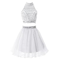 Women's Short Two Pieces Beading Tulle Homecoming Prom Dress