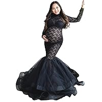 ZIUMUDY Elegant Lace See-Through Maternity Gown for Photo Shoot Long Sleeve Tulle Tutus Maxi Photo Props Dress