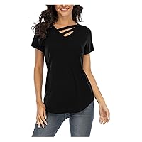 Women Summer T-Shirt Hollow V Neck Short Sleeve Blouses Casual Tops Solid Loose Fitted Tunic Comfort Tee Top