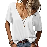 Womens Deep V Neck T Shirts Casual Short Sleeve Loose Fit Basic Fashion Tee Tops