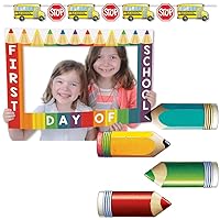 Back to First Day of Home School & 100th Day Classroom Wall Decorations, Bus Streamers and Photo Booth Picture Frame Prop Set Kit Bundle