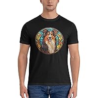 Men's Cotton T-Shirt Tees, Stained Glass Dogs Clipart Graphic Fashion Short Sleeve Tee S-6XL