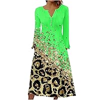 Women Leopard Color Block Pleated Front Midi Dress Button V Neck Fall Casual Long Sleeve A-Line Dress with Pockets