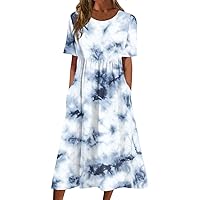 Summer Dress for Women Casual Printed V-Neck Short-Sleeve Beach Swing Dress