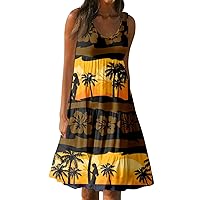 Women Summer Dresses Flowy Tank Dress Casual Mini Babydoll Dresses Print Pleated Beach Dress Sleeveless Sundresses