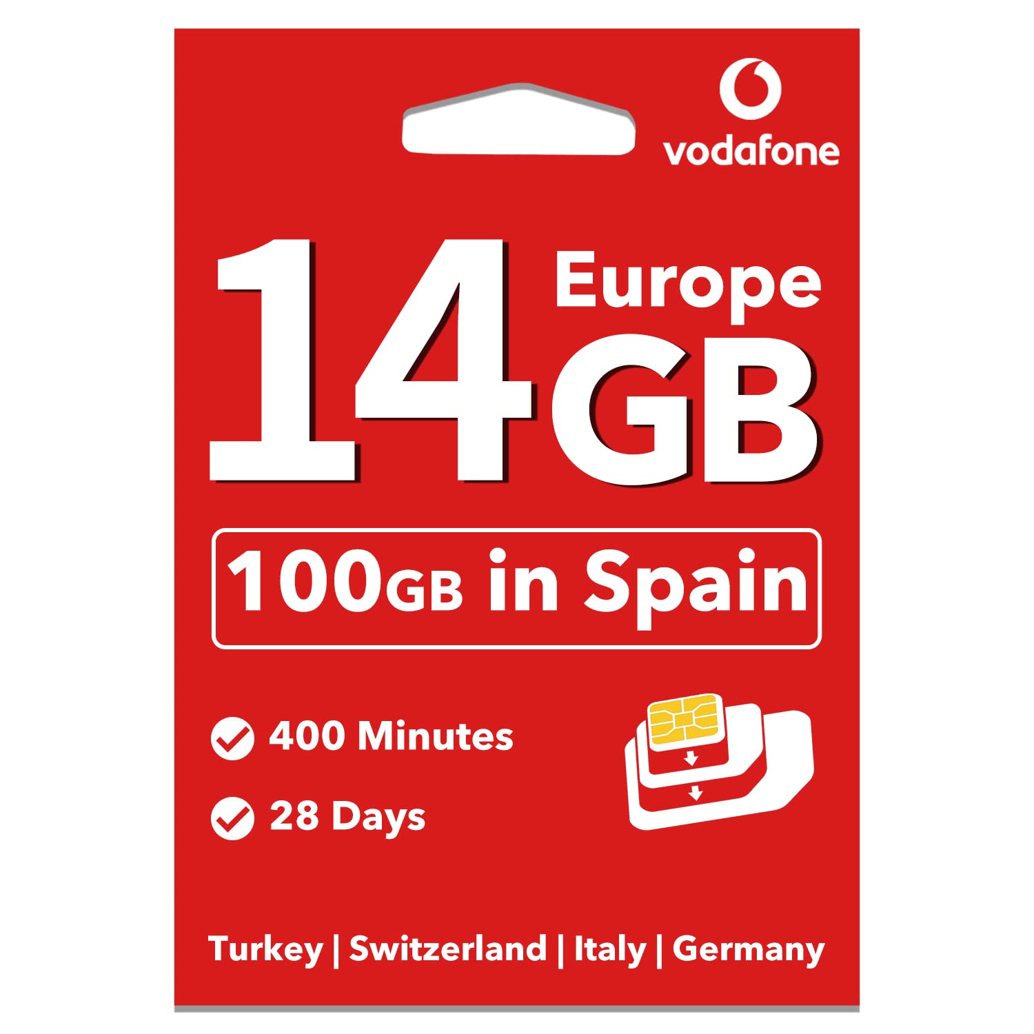 giffgiss Vodafone Europe Prepaid SIM Card 14GB Data+800 min in 34 Countries (Spain 100GB+Unlimited Calls,Turkey 400 Minutes) Supported Mobile Hotspot Travel Use in UK Switzerland Turkey 28 Days