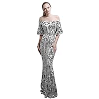 Women's Sequins Embroider Off Shoulder Pagoda Mermaid Court Prom Dress