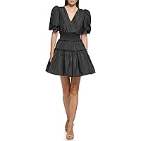 Karl Lagerfeld Paris Women's Taffeta A-line with Smocked Waisted, Puff Sleeve, and Tooled Skirt