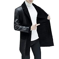 Men Casual Single-Breasted Leather Trench, Lapel Black Winter Slim Motorcycle Long Leather Coats