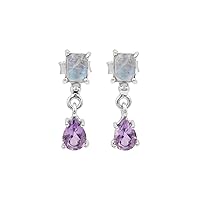 Amethyst Rainbow Moonstone Dangle Drop Earrings Silver For Women Girls, 925 Sterling Silver Gemstone Stud Earrings